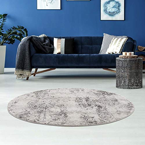 carpet city Teppich Ornamente Wohnzimmer - 160 cm Rund Grau Meliert - Moderne Teppiche Kurzflor