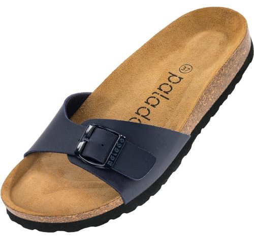 Palado Damen Pantoletten Malta - elegante Sandalen mit verstellbarem Riemen - Hausschuhe für Frauen mit Kork-Fussbett - Sandaletten mit Leder-Laufsohle Basic Matt Blau 39 EU