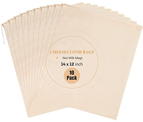 Chielor 10 Pack Nut Milk Bag, 12‘’ x 14‘’ Fine Mesh Grade Reusable Cheesecloth Bags Strainers, Unbleached Organic Cotton Filter Bags for Almond Milk, Juices, ColdBrew, Cheese, Tea, Yogurt, Coffee