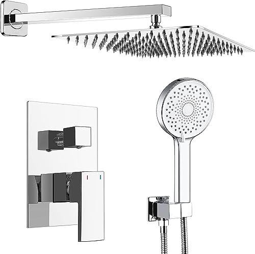 Ronvie Concealed Shower Mixer Set with Rain Shower, Adjustable Temperature Control, Chrome Finish, 30cm Overhead Spray & Anti-Leak Stainless Steel Hose - Easy Install Bathroom System