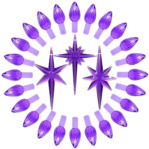 KonohaELF Lampadine di ricambio in ceramica per albero di Natale, viola, medie, in plastica, per albero di Natale (87 lampadine e 3 puntali a stella)