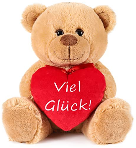 BRUBAKER Teddy Plüschbär mit Herz Rot - Viel Glück - 25 cm - Teddybär Plüschteddy Kuscheltier Schmusetier - Stofftier Braun Hellbraun