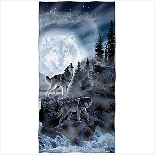 Zomer Strandtuch 70x140cm,Bedrucktes Mikrofaser Badetuch-Mond Wolf Wald