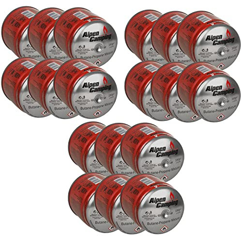Alpen Camping IK006 18x 400 ml / 190g Gaskartusche Propan-Butan Stechkartusche für Gaskocher Campingkocher Bunsenbrenner Lötbrenner EN417 Gas Block System (18 Stück)