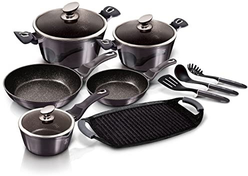 Berlinger Haus Carbon Pro Batterie de Cuisine à Induction 12 Pièces Antiadhésive Marbre sans PFOA, Aluminium, 3 Casseroles 3 Couvercles 2 Poêles 1 Plaque à Griller 3 Ustensiles Design Metallic
