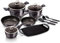 Berlinger Haus Carbon Pro Batería Cocina Inducción 12 Piezas, Antiadherente Mármol sin PFOA, Aluminio, Set 2 Cazuelas 3 Tapas Cristal, 1 Cazo, 1 Plancha, 2 Sartenes, 3 Utensilios Diseño Metallic