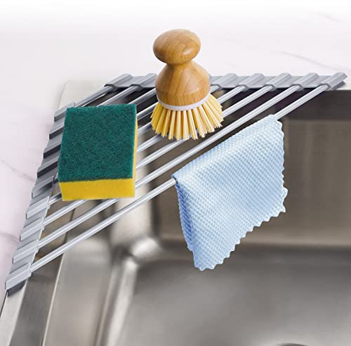 Tomorotec Escurridor de Platos Enrollable Triangular – Pequeño Plegable Recubierto de Silicona para Esquina del Fregadero, Organizador de Acero Inoxidable, escurridor y Ahorro de Espacio para