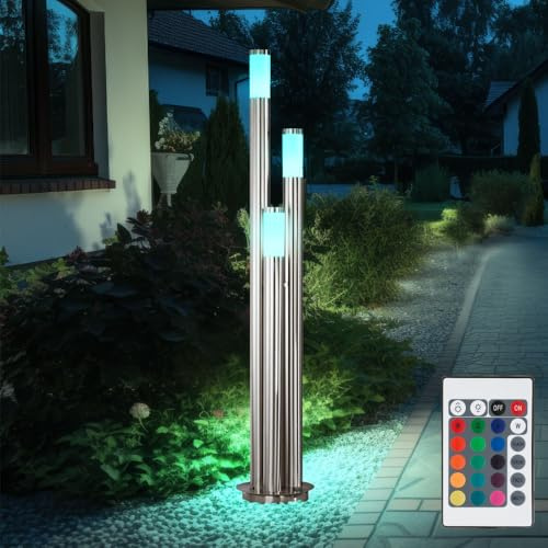 Außenstehlampe dimmbar mit Fernbedienung Außen Edelstahl LED Stehleuchte Wegeleuchte, RGB Farbwechsel 3 silberne Säulen,3x 9Watt 3x 806lm warmweiß,DxH 28x170 cm