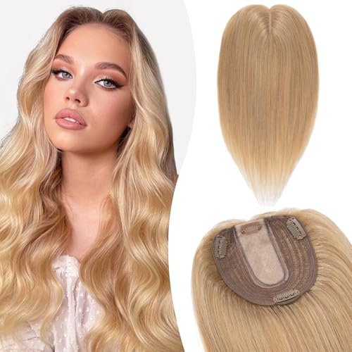 Silk-co Hair Topper Echthaar, 10x12cm Basis Toupet Damen, Haartopper Echthaar mit Remy Seide Basis, Haar Topper Clip in Haarteil Extensions, 15cm27# Dunkelblond
