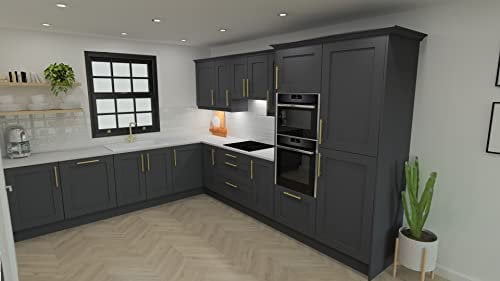 Go-Shaker Graphite Grey Fitted Kitchen L Shaped & Complete Kitchen Units | Gold Kitchen Handles & Tap With Integrated Fridge & Oven Unit