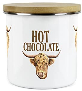 Purely Home Highland Cow Hot Chocolate Canister - White Metal Enamel Kitchen Food Storage Container