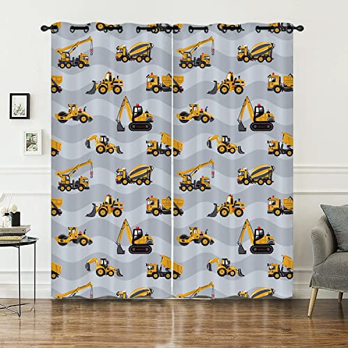 HOSIMA Gelber Technik-LKW Vorhänge Blickdicht Gardinen Mit Ösen,2-Set 140x175cm Welliges Muster weiche Verdunklungsvorhänge für Wohnzimmer Kinderzimmer Jugendzimmer(LKW3 140x175cm)