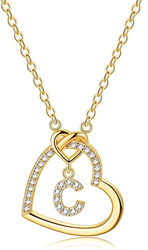 LIHELEI Damen Halskette Herz Buchstabe 925 Silber Kette Damen Personalisiere Kette, Geburtstags und Weihnachten Geschenk Für Frauen Mädchen Mama Freundin - C(Gold)