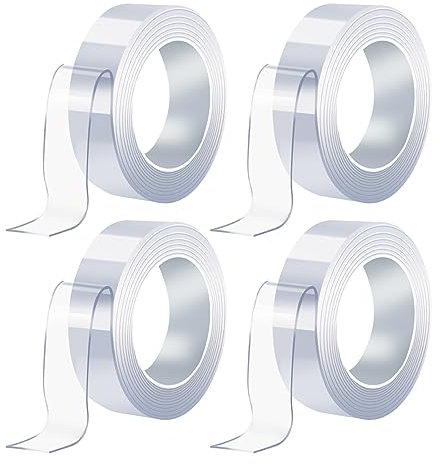 4 Pezzi Nastro Biadesivo Extra Forte,Nastro Adesivo Nano,Lavabile e Riutilizzabile,Potente Capacità di Fissaggio, Aderisce Saldamente a Prese Multiple, Cavi, Decorazioni Murali,1M×3CM×2MM