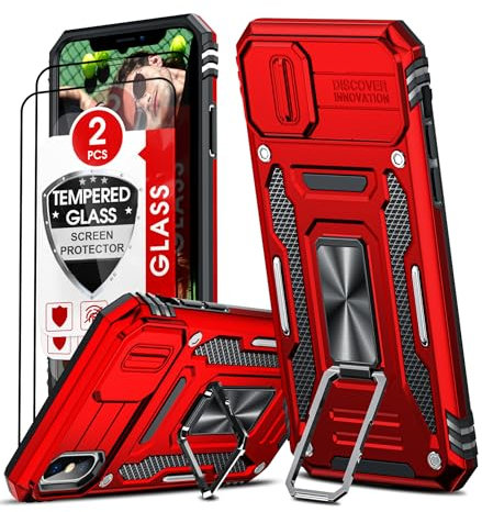 LeYi Kameraschieber Hülle für iPhone X/XS [2 Hartglas Handyfolie], Drehhalter Metallring Handyhülle Militärschutz Stoßfest Schutzhülle Schiebekamera Abdeckung Handy Hüllen Rot