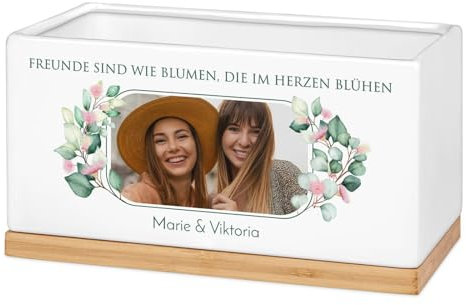 Maverton Keramik Übertopf mit Aufdruck + Untersetzer aus Bambusholz - rechteckig - Dekotopf für Frauen - Kräutertopf Küchen Deko - zum Einzug - personalisiert - Weiß - Freunde