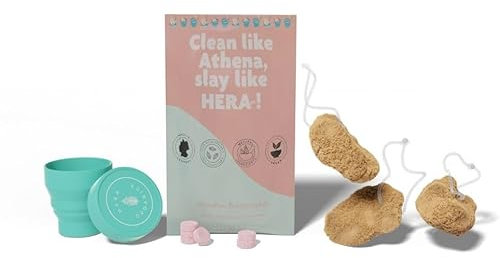 HERA organics Starterset | Menstruationsschwamm mit Rückholfaden + HESTIA To-Go-Case + AthenaPure Reinigungstabs (L)