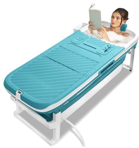 YRHome Klappbadewanne 132x61x54cm Faltbare Badewanne Erwachsene Neueste Mobile Faltbare Bathtub Kunststoffbadewanne Mit abnehmbar Abdeckung, Kopfstütze, Thermometer, Dampfanschluss und Massagerollen