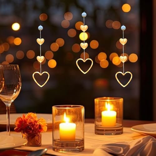 ACAREY 3 Stück Herz Lichterkette Valentinstag Deko LED Fenster Lichterkette, LED Valentinstag Fenster Beleuchtung Herz Fenster Lichterkette Batteriebetriebene Mit Saugnäpfe, Warmweiß Stern Innen Deko