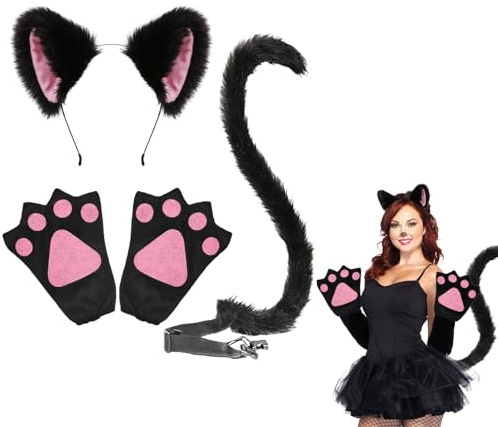 EUPSIIU 3 Stück Tier kostüm für Kinder Erwachsene, Katze Kostüm Fuchs Ohren Stirnband Fuchs Kostüm, Katzenohren Pfoten Handschuhe Katze Schwanz Tierkostüm für Party Halloween Kinder Dress Up