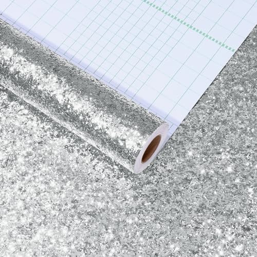 Yullpaper Peel and Stick Silver Glitter Wallpaper Thick Shining Furniture Vinyl Wrap for Cupboard Girls Bedroom Wallpaper Silver Glitter Wall Paper Roll Living Room Furniture Stickers 40cm X 800cm