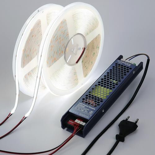 BENLUN COB LED Streifen 20M (10M X 2), 24V LED Strip 3000K Warmweiß Selbstklebend, LED Band 11W/M CRI 93 Schneidbar mit Netzteil für Schlafzimmer, Akustikpaneele, Zimmer Dekoration