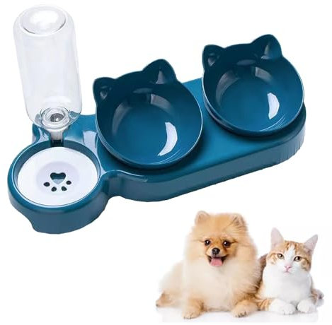 3-In-1 Cat Food & Water Bowl Set, Cat Bowls With Stand, Double Cat Bowls with Water Dispenser for Pets, Portable Feeder for Small & Medium Dogs & Cats (Blue)