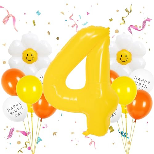 Geburtstagsdeko Mädchen 4 Jahr, VUCDXOP 4 Jahr Gelb Geburtstag Deko, Luftballon 4. Geburtstag, Geburtstag deko 4 jahre Jungen, Folienzahlen Ballons, Riesen Folienballon Zahl 4 für Geburtstag Party