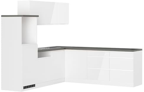 Lomadox Küche Küchenzeile Winkelküche 240/240cm in Hochglanz weiß, Arbeitsplatte Betonoptik