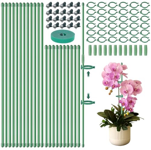 Hysagtek 93 Pcs Plant Sticks Support 24 Adjustable Plant Supports for Outdoor Plants 16inch & 12inch Plant Stakes Kits Garden Stake Pole with Clips for Indoor Outdoor Climbing Plants Orchid Rose