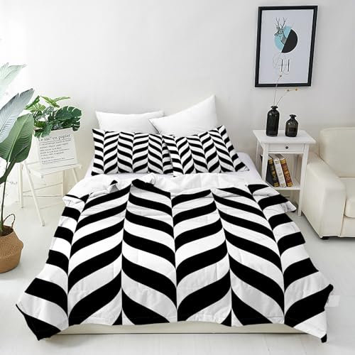 ANHOPE Retro Schwarz Weiß Streifen Bettwäsche Set 3 Teilig Bettbezug 135x200 cm & Kissenbezug 80x80 cm Microfaser Bettbezüge mit Reißverschluss Weich Ganzjahres Bettdeckenbezug Set