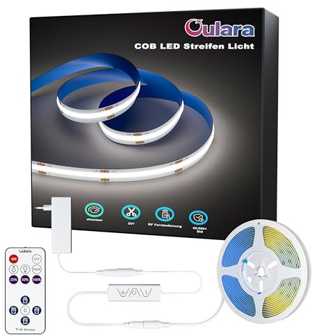 OULARA COB LED Streifen KaltesWeiß 6000K,10M Dimmbar 24V Flexibel LED Streifen mit RF Fernbedienung und Netzteil,CRI90+ Hell Unterbauleuchte für Home DIY Dekoration,Timerfunktion
