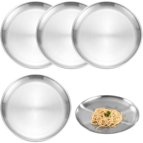 wllqinte 4 Stück Edelstahl Teller, 20cm Edelstahl Rundes Geschirr, Stabile Edelstahlteller Campingteller, Edelstahl Camping Teller für Camping Picknick Wandern Barbecue Kuchenform Küche Party Haushalt