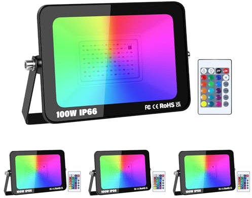 RIGIDON 4 Pcs 100W RGB Projecteur LED Extérieurs avec Télécommande, RVB Projecteur LED Exterieur Interieur Couleur, 16 Couleurs 4 Modes Neon Spot Led pour Jadin Terrasse Patio, IP66 étanche