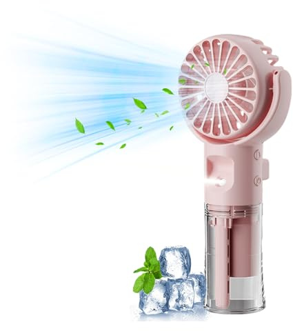 Skeadex Tragbarer Hand Nebelventilator, 800mah Wiederaufladbarer Spray Wassernebel Ventilator mit Seil 4 Windgeschwindigkeiten, für Kinder und Frauen, Outdoor, Reisen und Strand (Rosa)