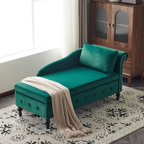 ModernLuxe Chaise Lounge with Storage, Upholstered Armchair with Pillow for Living Room, Bedroom and Office, Modern Nailhead-Trim & Button-tufted Lounge Chair, Right Armrest, Velvet Green