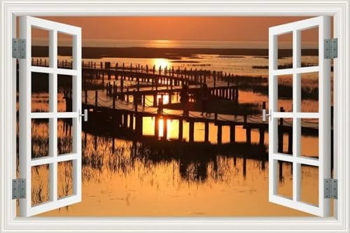Oceano tramonto ponte in legno 70 x 50 3D finestra finta adesivo da parete in vinile per la decorazione della casa 3D finta finestra murale decalcomania per la decorazione del soggiorno Peel and Stick