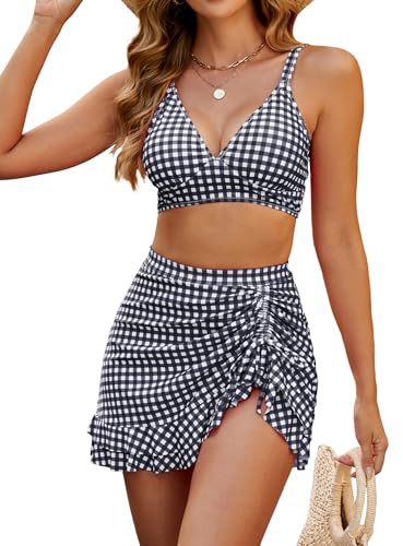 Blooming Jelly Women's High Waisted Bikini Sets Tummy Control Bathing Suit Two Piece Swim Suit 2026 Retro Swimsuit(Black White Plaid,Large)