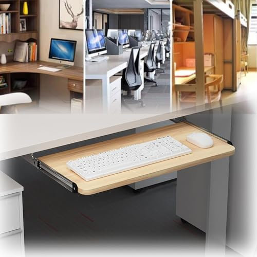 Bandeja de teclado para debajo del escritorio con rieles deslizantes, soporte ergonómico para teclado de 75 x 25 cm, acabado en nogal