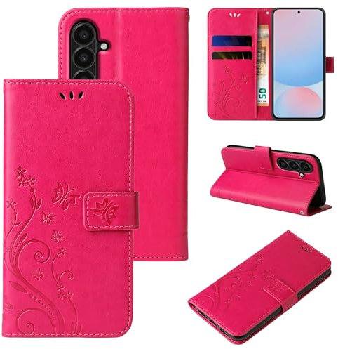 LBH Handy Hülle für Samsung Galaxy A56 5G Case Handytasche Schmetterling Blumen Flower Standfunktion Schutzhülle Magnet Rundum Schutz 360 Grad Flipcase Cover Pink