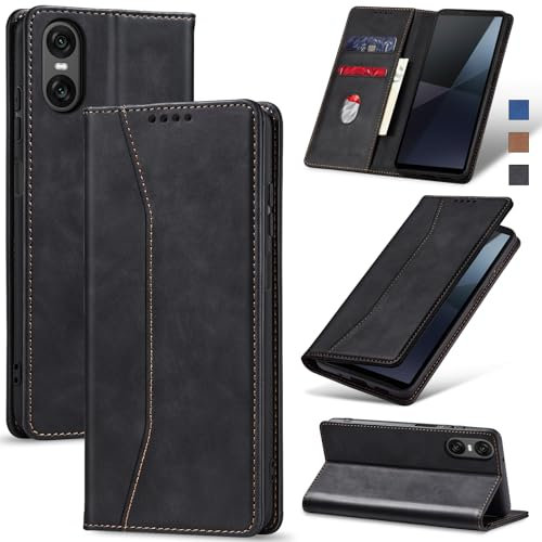 Jasonyu Cover per Sony Xperia 10 VI Flip Custodia in Pelle PU, Cover a Libro Portafoglio, Funzione Supporto, Magnetica, Slot Schede, TPU Bumper Caso Custodia (Nero)