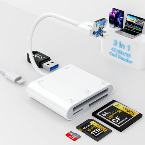 Multi SD Card Reader for iPhone,5-in-2 Memory Card Reader with SD/TF/CF Slot+USB+Lightning Charging Port,Plug & Play USB A+Lightning Connector Card Reader for iPhone 14/13/12/11/Laptop/PC