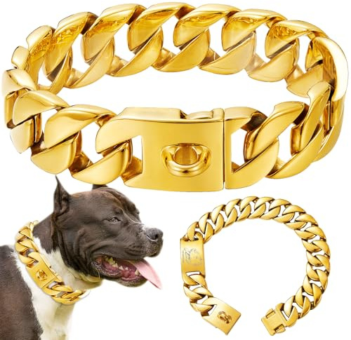 Strapazierfähiges, goldfarbenes Hundehalsband für große Hunde, 3,2 cm breit, starker Edelstahl, kaufest, solide, kubanische Glieder-Hundeketten, Training, Spazierengehen, Halsbänder für Bully, Pitbull