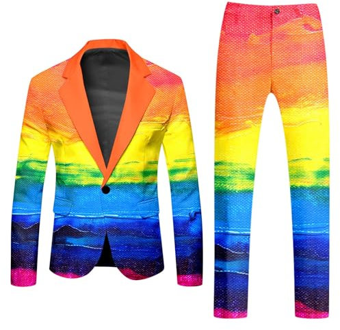 Bluelucon Pride Outfit Herren Regenbogen Anzug 2 Teilig Sportlich Sakko Hose Konfetti Anzug Herren 80er 90er Jahre Neon Bunte Karneval Mottoparty Slim Fit Hippie Kleidung Party Outfit