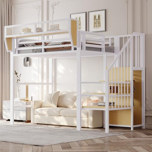Kinderbett Hochbett 90x200 cm, Etagenbett Metallbett mit Treppe, Stauschrank und Abnehmbares Lagerregal, Jugendbett Einzelbett Bettgestell mit Rausfallschutz und Lattenrost, Ohne Matratze, Weiß