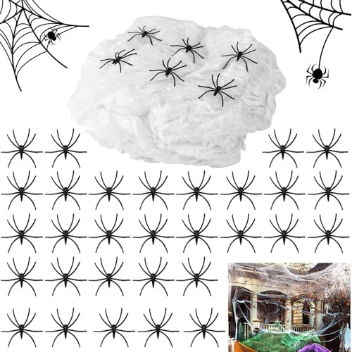 Spinnennetz Halloween Deko 300g Weiß Dehnbare Spinnweben Decor mit 50 Horror Schwarz Spinnen Realistische Spiderweb Gruselig Decoration Spider Web für Party Innen Außen Haus Garten Spukhaus Tür