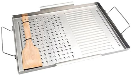 Piastra per griglia, piano cottura, 43 x 29,2 x 2 cm, in acciaio inox, design a due maniglie, esterno resistente al calore, per cucina interna ed esterni, barbecue