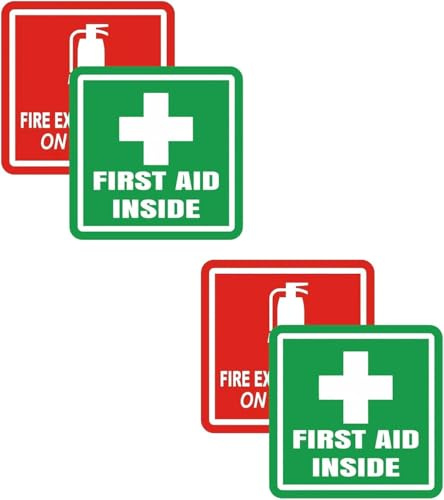 First Aid & Fire Extinguisher Sticker Safety Sign Vinyl Decal for Workplace, Vehicles, Shops & Toolboxes Emergency Label 4Packs