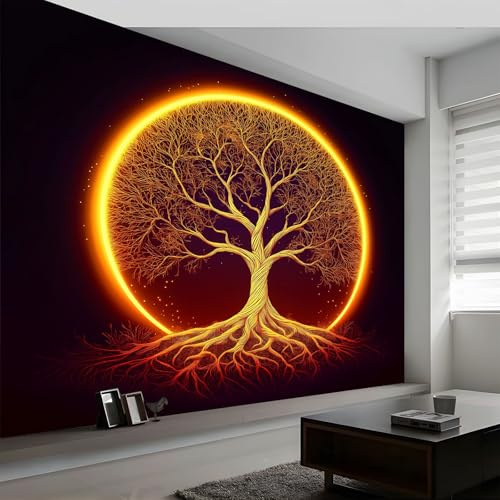 Fantasie Leuchtender Lebensbaum Tapete Fototapete 3D Effekt 300 x 210 cm (B x H) Vlies mit Geruchsfreiheit Wandposter Wandkunst Schwarz Wandbild Wanddeko für Wohnzimmer Schlafzimmer