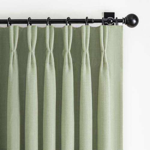 Sage Green Pinch Pleated Curtains 84 Inches Long for Patio Sliding Glass Doors, Memory Trained Viral Blackout Two Layer Linen Boho Drapes Insulated Noise Blocking Windows Curtain 40W x 84L x 2 Panels